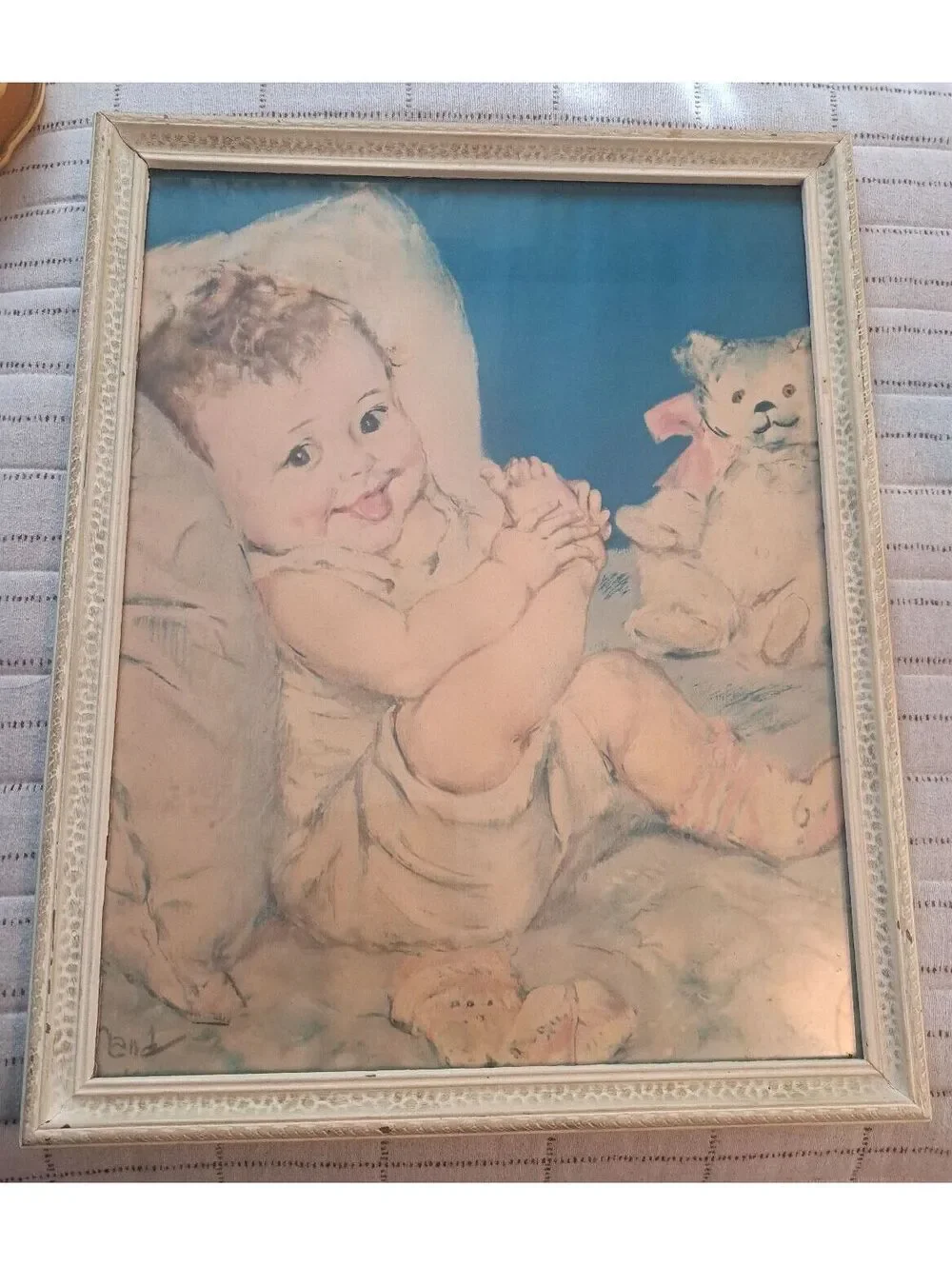 Vintage 1930's Framed Pastel Baby Lithograph by Artist Maud Tousey Fangel